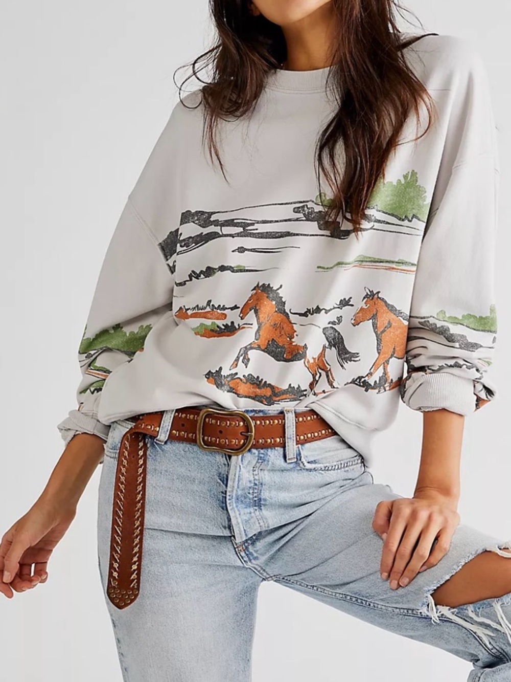 NWOT Daydreamer from Free People Cream Graphic Horse Pullover Sweatshirt